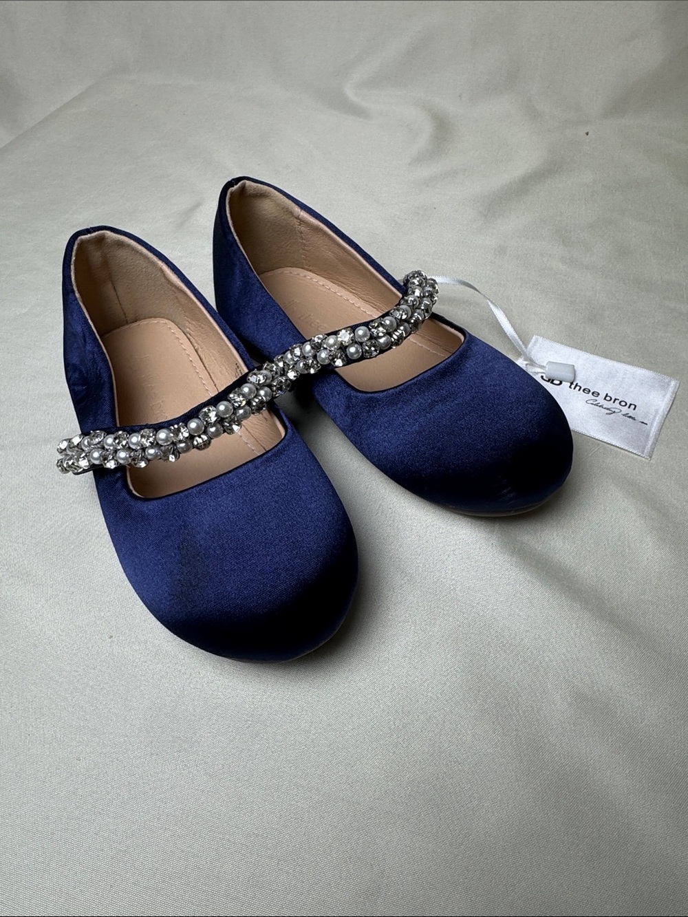 Girls' Navy Satin Mary Jane Dress Shoes with Pearl & Rhinestone Strap